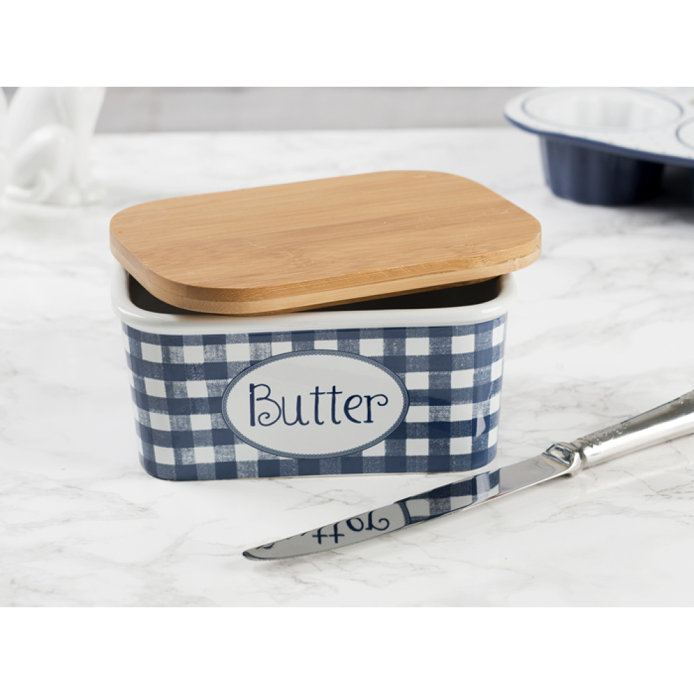 Масленка CreativeTops VINTAGE INDIGO, с дерев. крышкой, керамика, 6 х 11 х 8 см