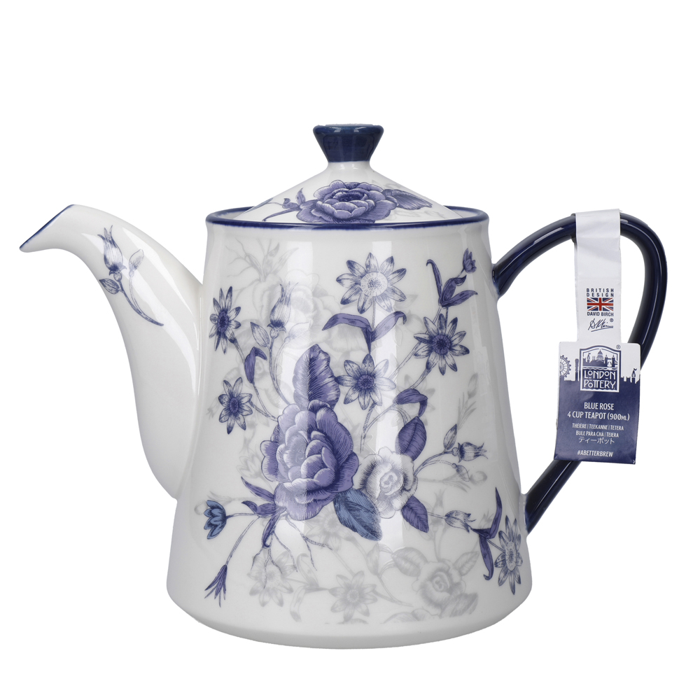 Чайник заварочный London Pottery BLUE ROSE, керамика, миндальная слоновая кость/синий, 900 мл